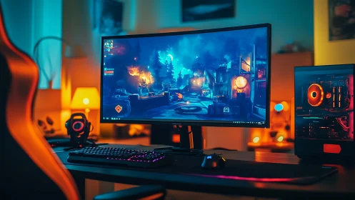 Immersive gaming desk glows with neon colors and cozy light