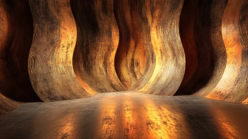 Curved metallic walls with warm reflective flooring.