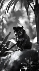 Monochrome jaguar poised on rock in filtered jungle light.