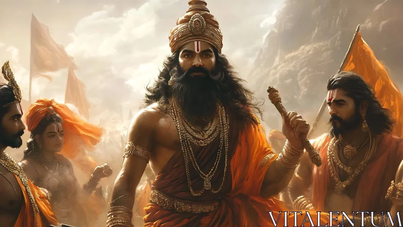 Majestic warrior sage in glowing saffron light and mist.