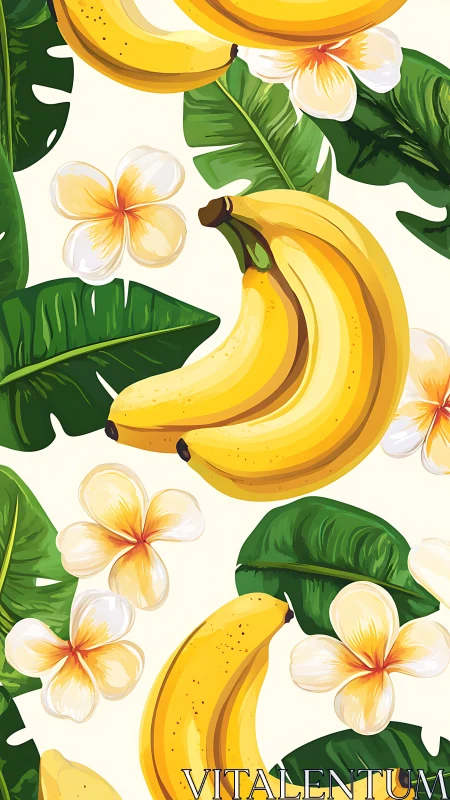 Tropical banana clusters with frangipani floral accents pattern.