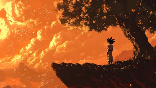 Lone warrior overlooks blazing sunset cloud horizon