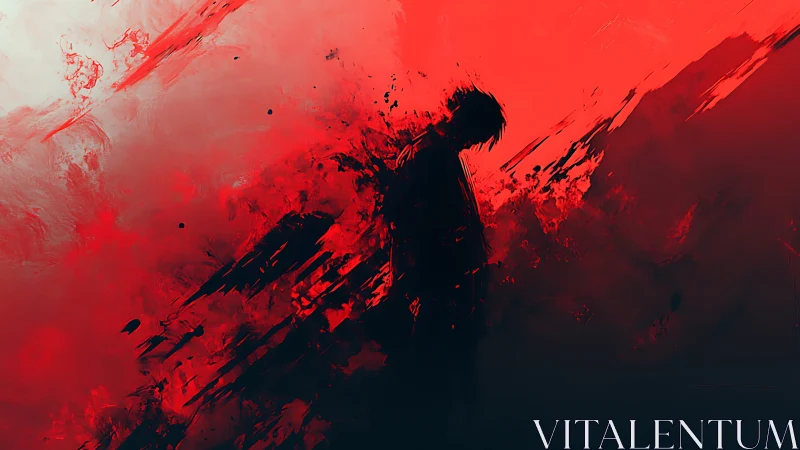 Silhouetted figure dissolving into red abstract motion field