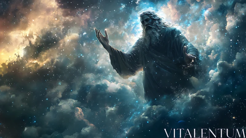 Figure in flowing robe is positioned within dense cosmic clouds