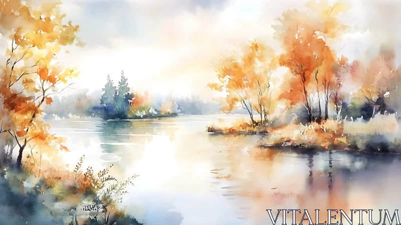 Watercolor autumn lakeside with atmospheric depth and light.