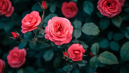 Vibrant pink roses bloom among teal foliage in garden.