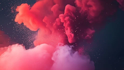 Crimson ink clouds swirl through deep indigo negative space.