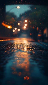 Urban street surface with rain reflections at night.