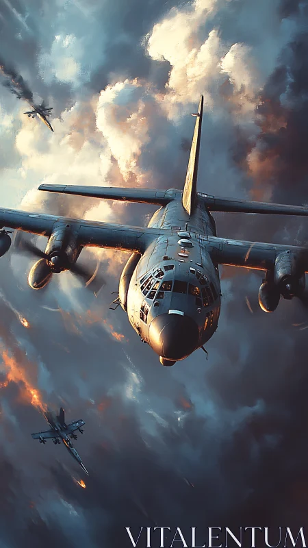 Military transport aircraft dives through burning storm clouds