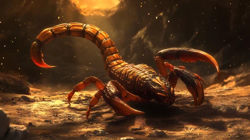 Hyperreal desert scorpion under dramatic rim lighting advances