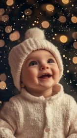 Smiling baby in knitted winter outfit under golden lights