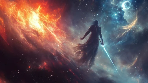 Lone cosmic warrior strides between blazing nebula realms