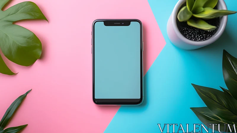 Mobile phone on geometric two-tone background with potted plants.