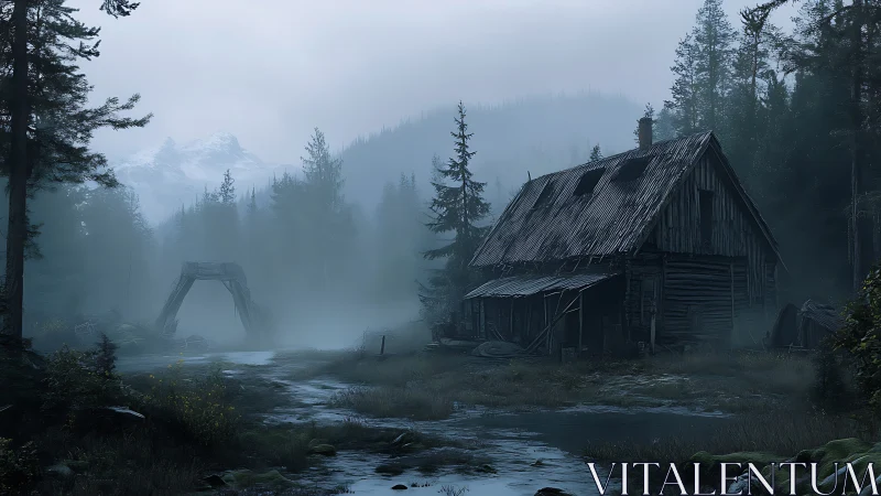 Dilapidated timber cabin in foggy alpine wetland environment.