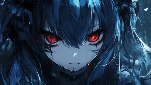 Stormlit crimson gaze of a vengeful midnight anime girl.