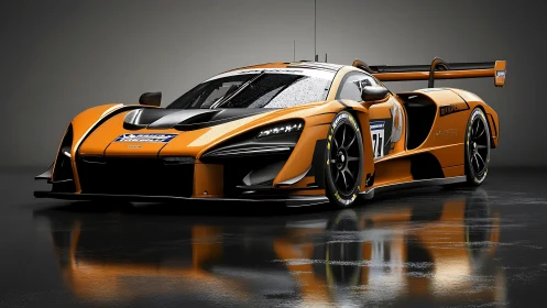 Orange carbon-fiber race car glistens under studio lights.