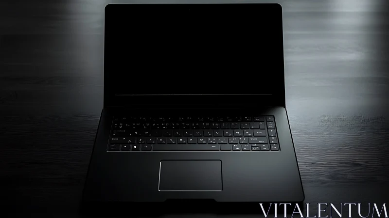 Quiet black laptop waits on a sleek dark wooden desk