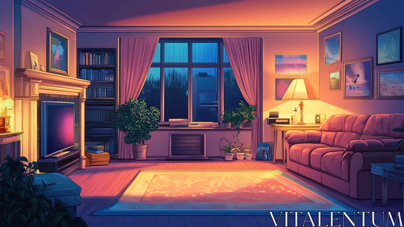 Cozy sunset-lit living room with plants and soft glow.