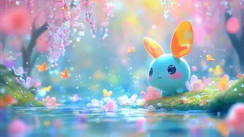 Pastel fantasy creature observes luminous butterflies by water