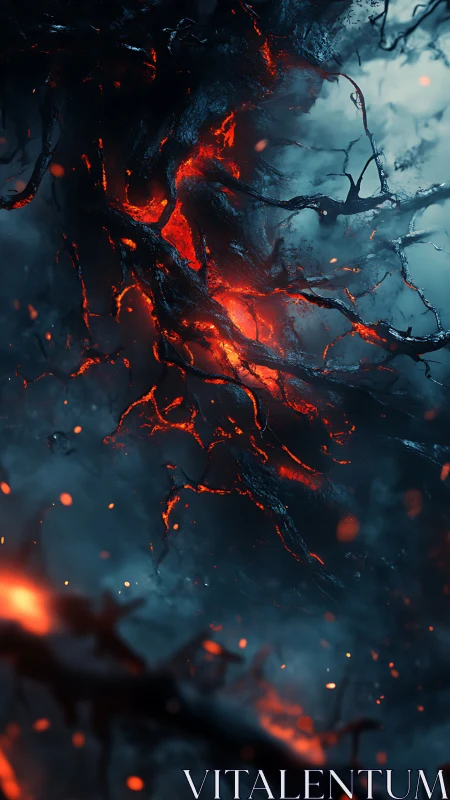 Blazing Lava Flows Through Charred Branches in Darkness.