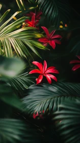 Scarlet Blooms Nestled Among Verdant Fronds. Dynamic Natural Photography.