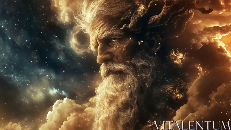 Celestial elder emerges from swirling cosmic storm.