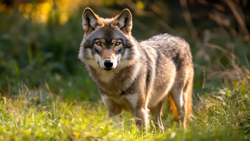 Golden light gently frames a calm wolf in a wild meadow