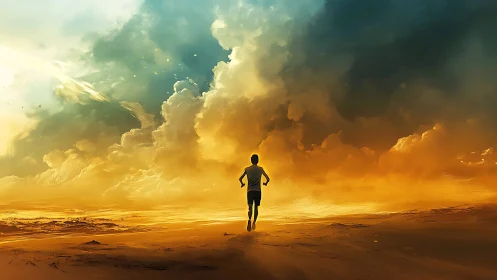Solitary runner advances toward luminous storm horizon