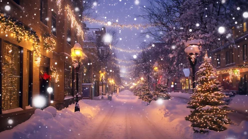 Snowy city street with glowing Christmas lights at dusk.