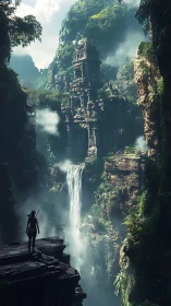 Explorer surveys mist-shrouded jungle temple above waterfall