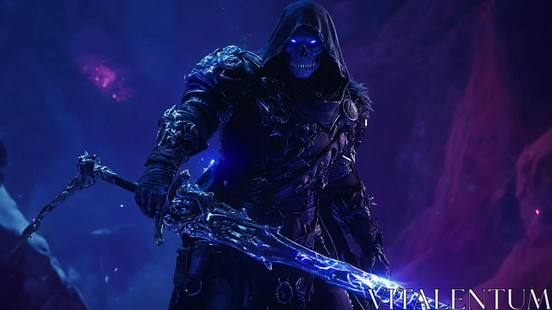 Hooded death knight wielding crackling neon blade.