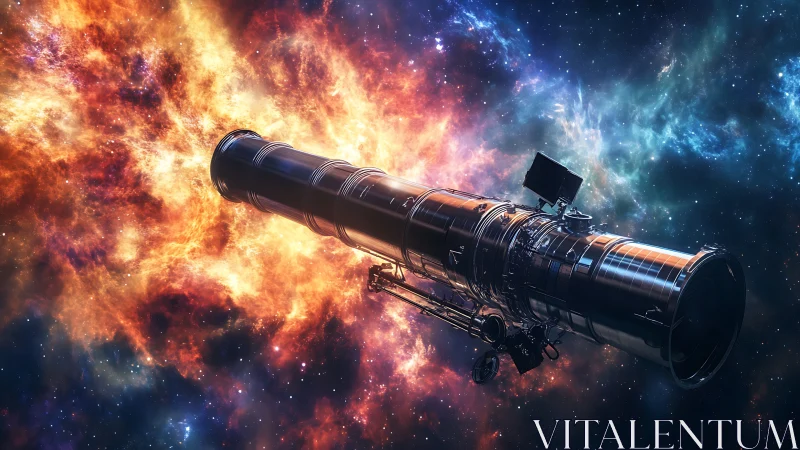 Deep space telescope crosses vibrant cosmic nebula field.