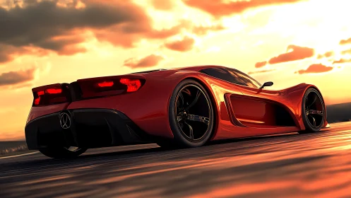 Low-angle render of red mid-engine hypercar at sunset on track