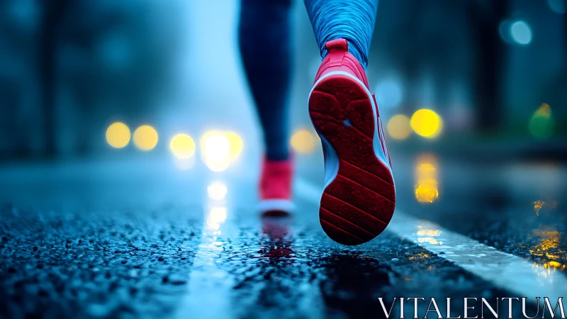 Night run on wet city street with vivid red sneakers.