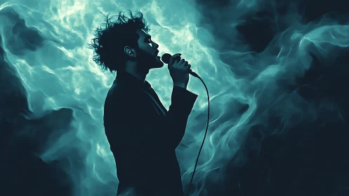 Silhouetted vocalist in profile against teal volumetric smoke field