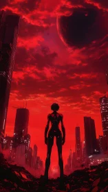 Silhouetted figure surveys red-lit futuristic ruined cityscape
