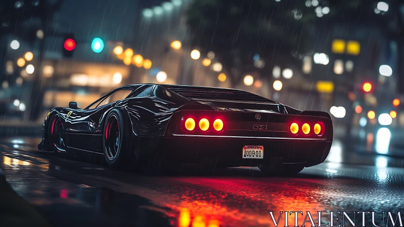 Low angle view shows black sports car on wet city street at night