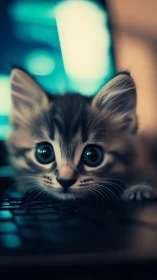 Juvenile feline specimen with prominent ocular features in controlled lighting environment.