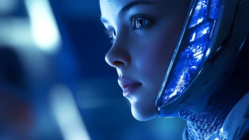 Cybernetic woman profile under cold blue neon light.