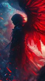 Crimson winged figure in ethereal storm-lit nebula sky.