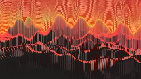 Undulating linear mountains dissolve into a radiant digital horizon
