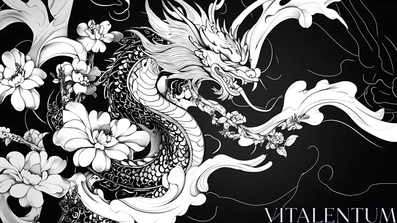 Floral storm dragon curls through monochrome midnight garden.