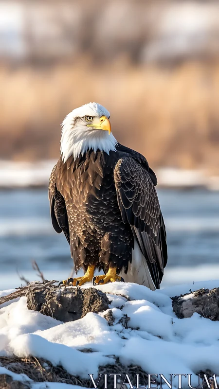 Bald eagle standing on snowy riverbank in winter light.