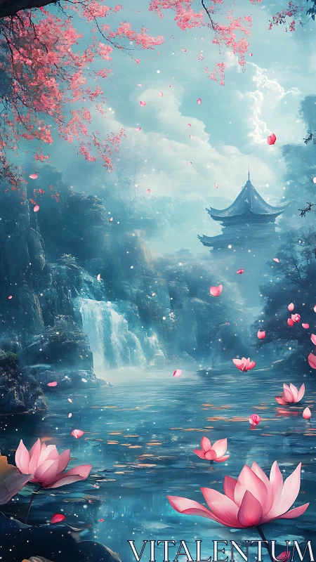 Pagoda, waterfall, and lotus pond occupy vertical fantasy scene