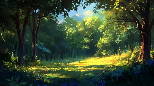Sunlit Forest Clearing Glows with Golden Light