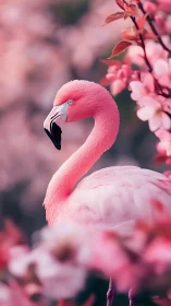 Pink flamingo stands amid soft-focus spring blossoms.