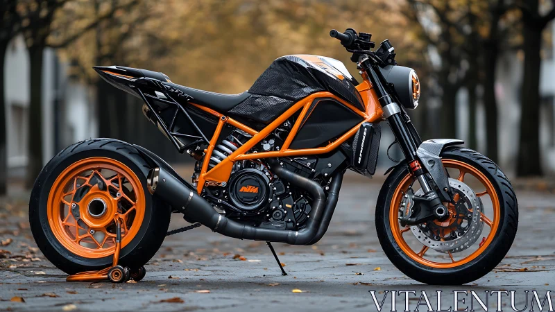 Street-tuned orange cafe racer motorcycle in autumn urban setting.