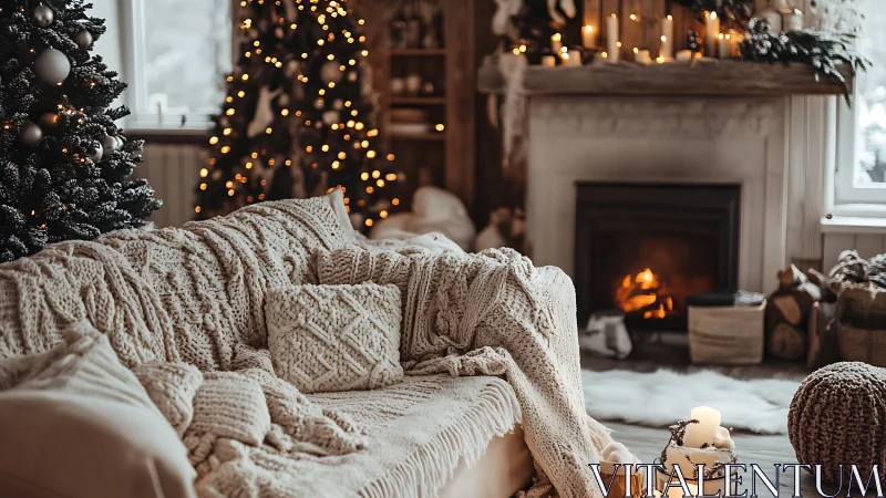 Cozy knitted winter living room glowing with holiday warmth.