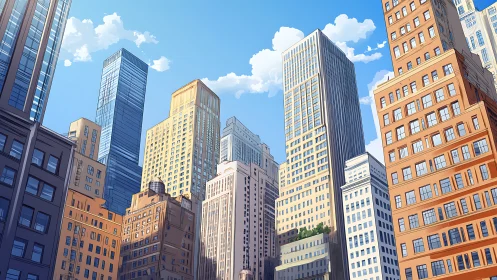 Digital painting of sunlit high-rise city skyline perspective.