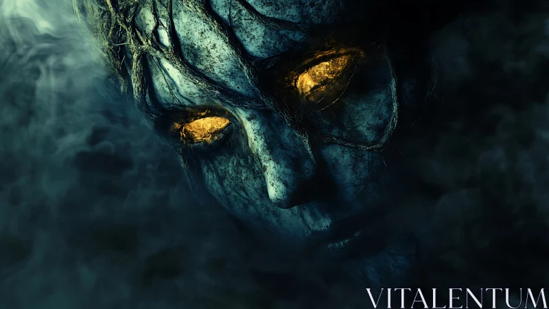 Dark spectral face with glowing golden eyes in smoke field.